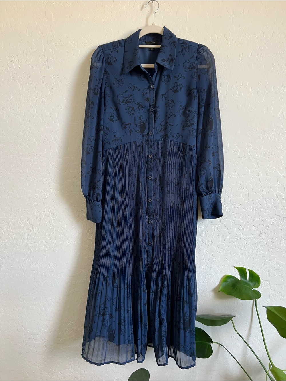Halogen Navy Floral Button-Front Pleated Long-Sleeve Dress